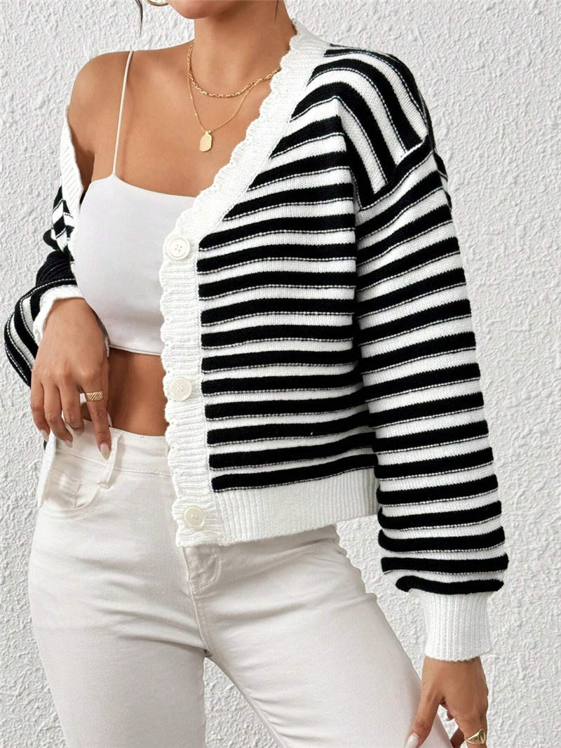 Knitted Cardigan Colorblock Sweater Coat Rainbow Striped Lantern Sleeve