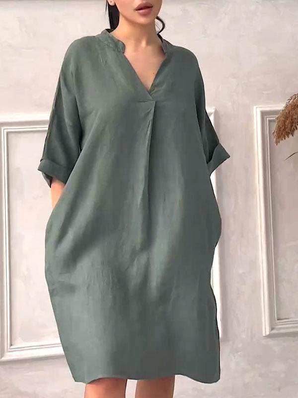 Cotton Linen V-neck Loose Plus Size Dress