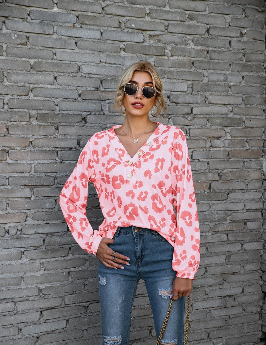 Leopard Print V-neck T-shirt Loose Long Sleeve Tops For Clothing