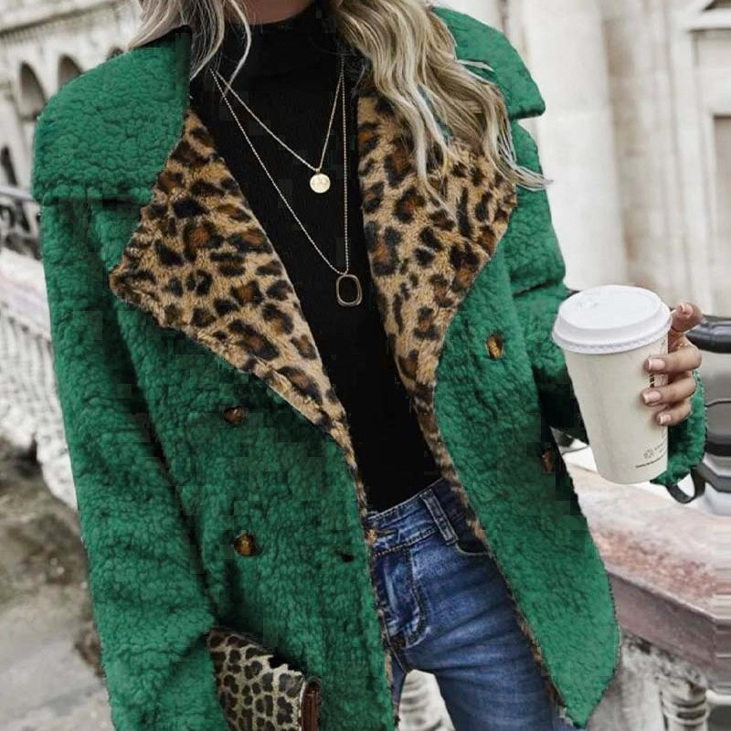 Clothing Leopard Splicing Plush Long Sleeve Coat