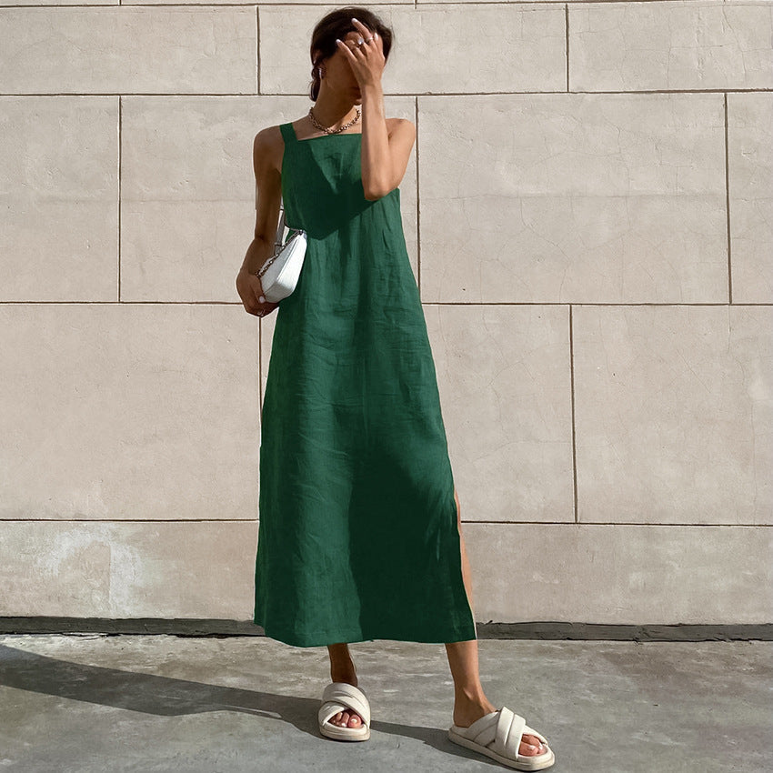 Casual Cotton And Linen Loose Strap Dress