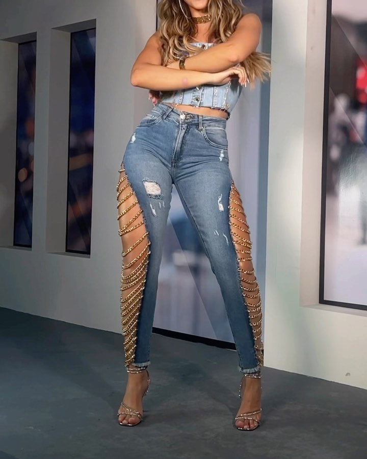 High Rise Destroyed Trendy Chain Raw Hem Lace Up Sides Zipper Button Denim Jeans