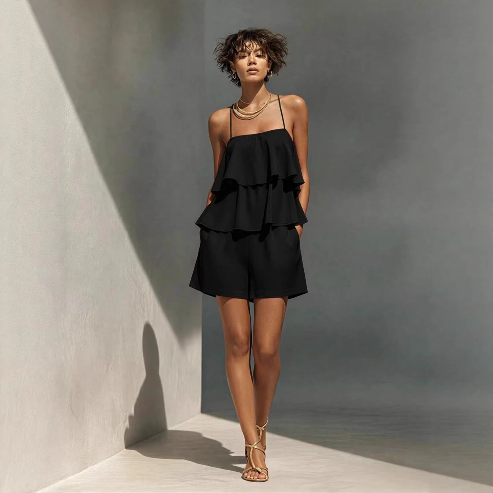 Multi-layer Ruffle Loose Camisole And Shorts Set