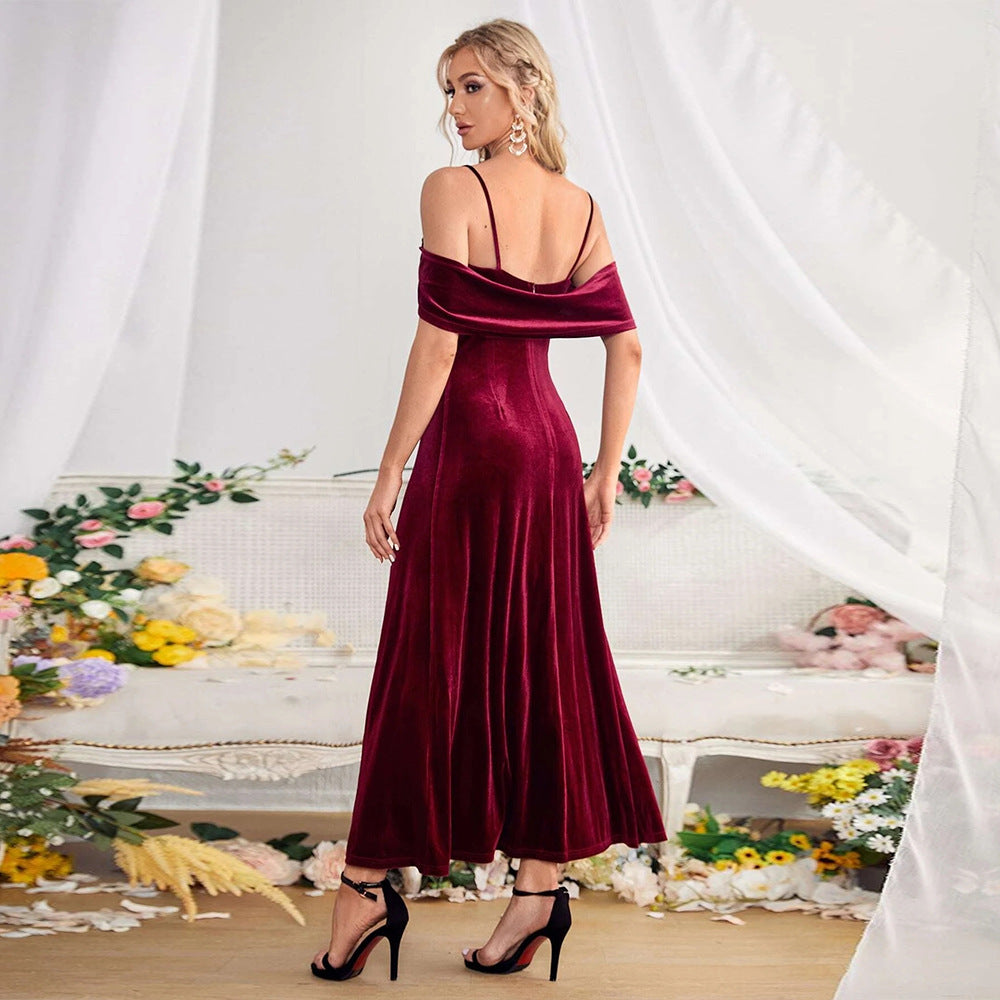 Velvet Off-shoulder Spaghetti Straps Temperament Wild Dress