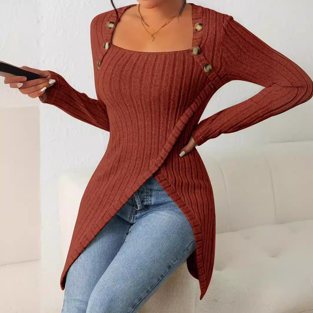 Square Collar Irregular Knitted Top With Button Design Solid Long-sleeved Long Top For Clothing