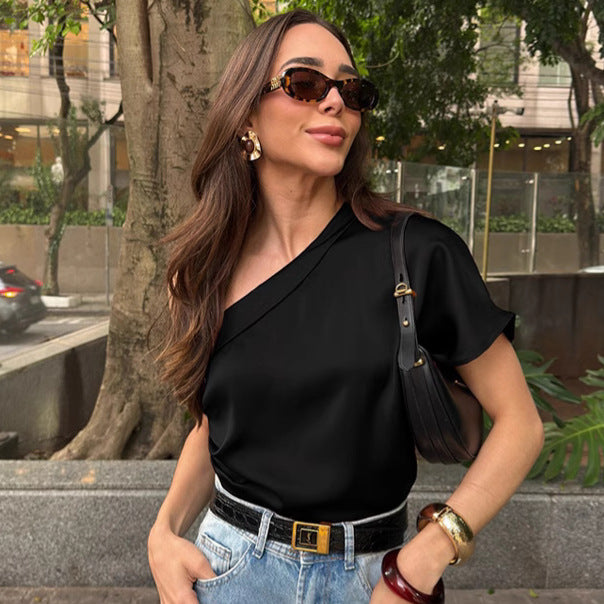 Irregular Collar Matte Color Tops Women