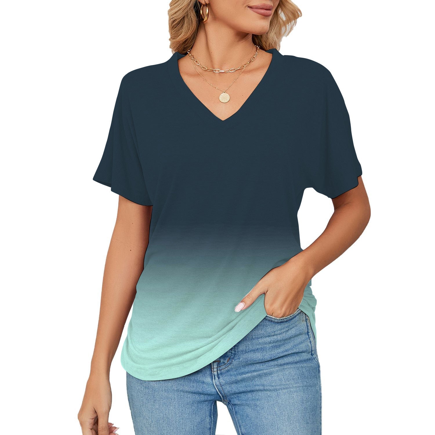 T-shirt, Natural Plant And Floral Print, Casual V-neck Short Sleeves