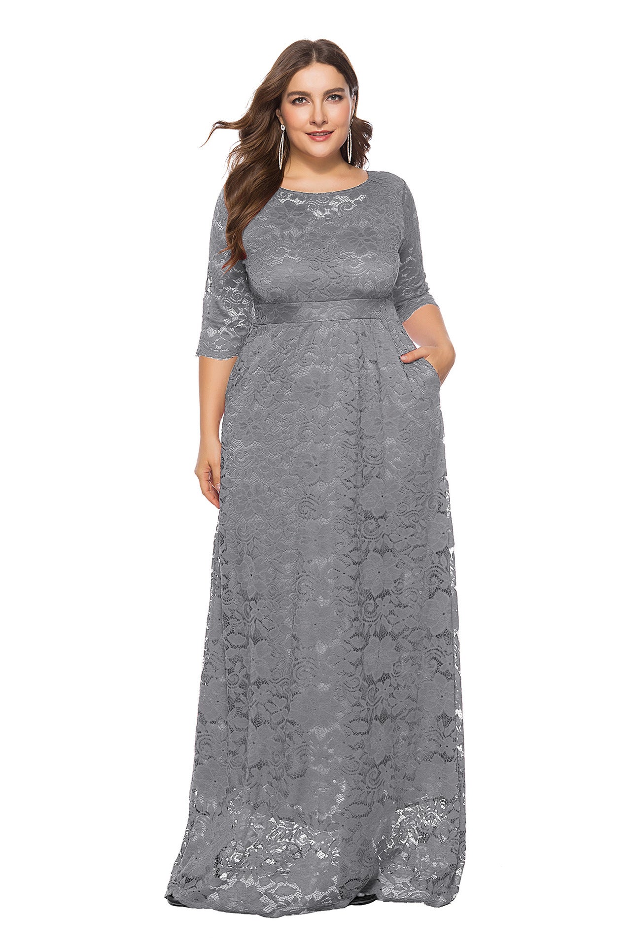 Plus Size Hollow Lace Pocket Dress