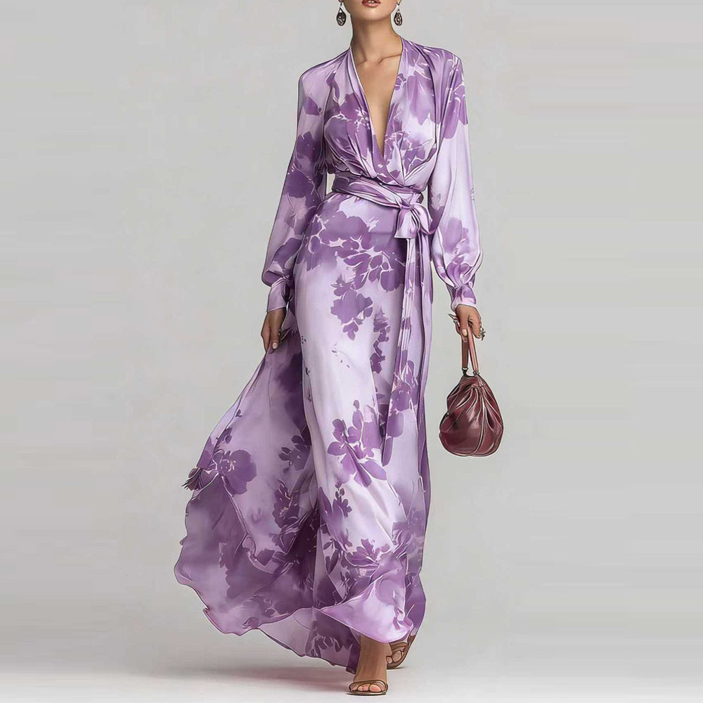 Chiffon Long-sleeve V-neck Lace-up Dress