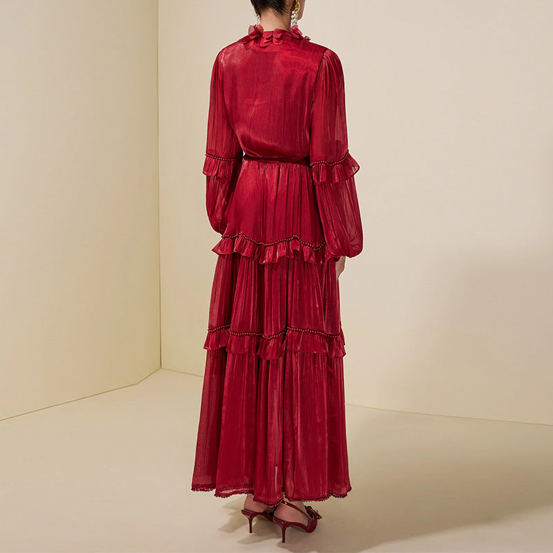 Ruffled Panel Long-Sleeve Elegant Chiffon Dress