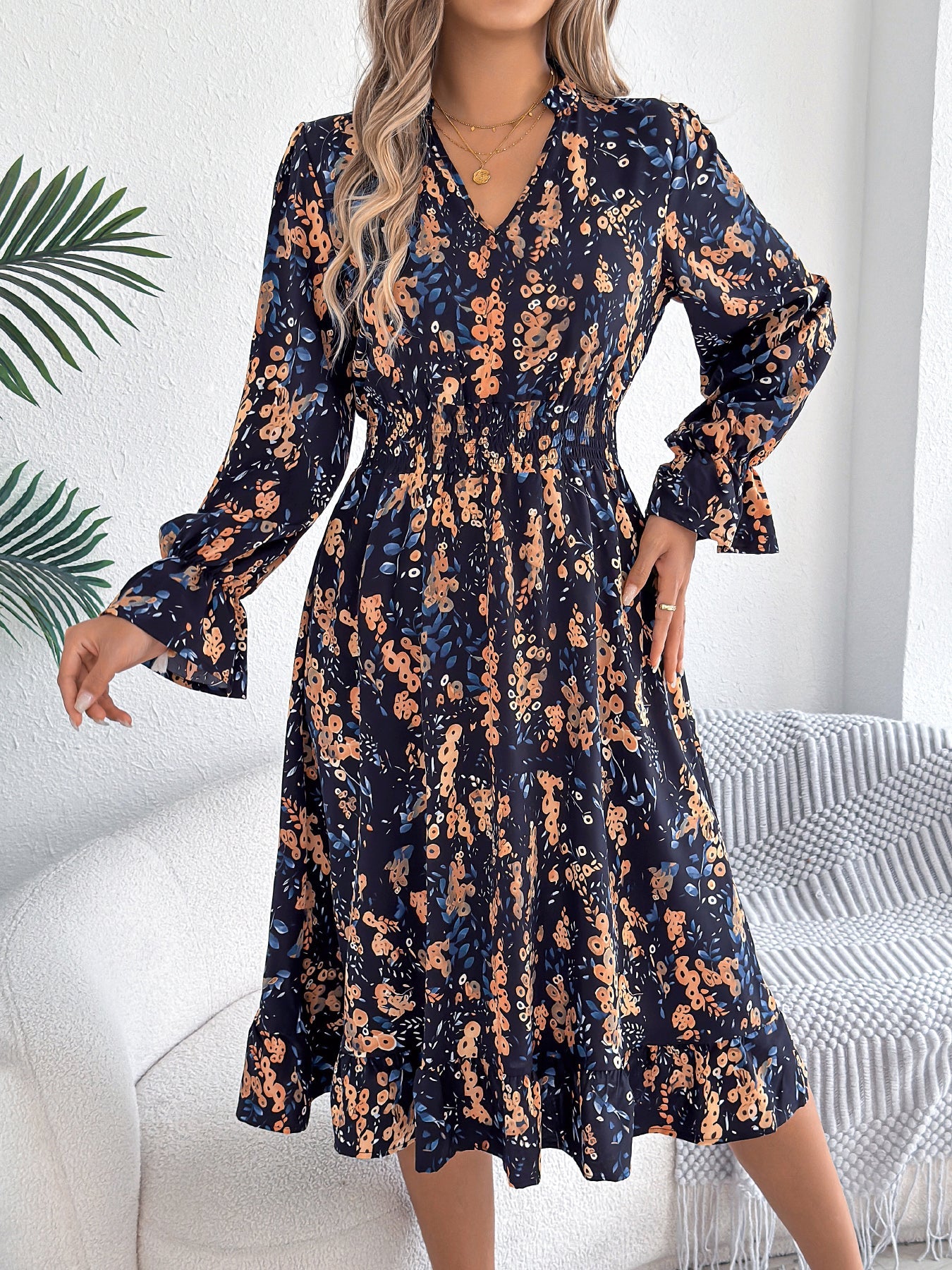Casual Floral Print Bell Sleeve Tie Waist A-Line Dress