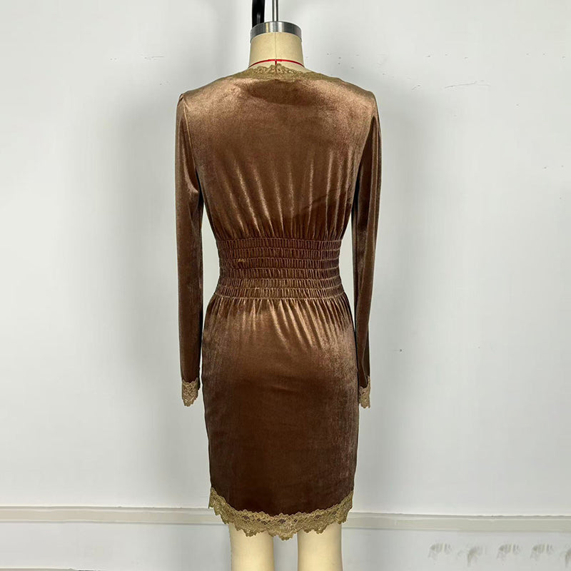 Velvet Lace Trim Bodycon Dress, Long Sleeve Midi Cocktail Dress
