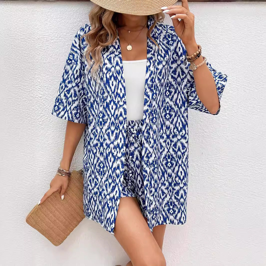 Loose Print Cardigan Suit Women