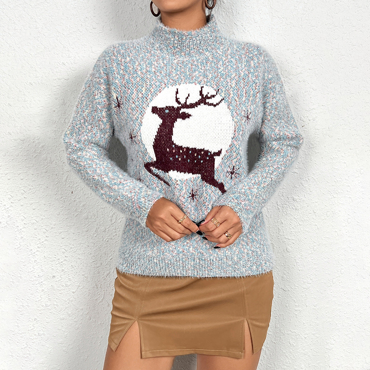 Casual Christmas Half-Neck Pullover Jacquard Top
