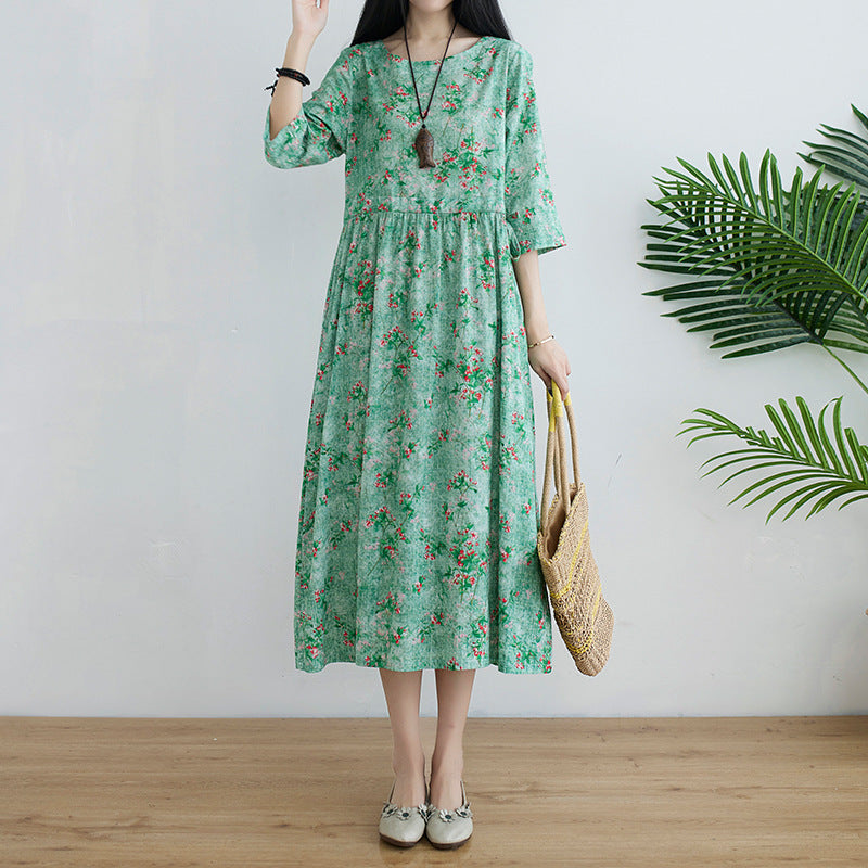 Cotton And Linen Literary Retro Dress Loose Large Size Waist Dress