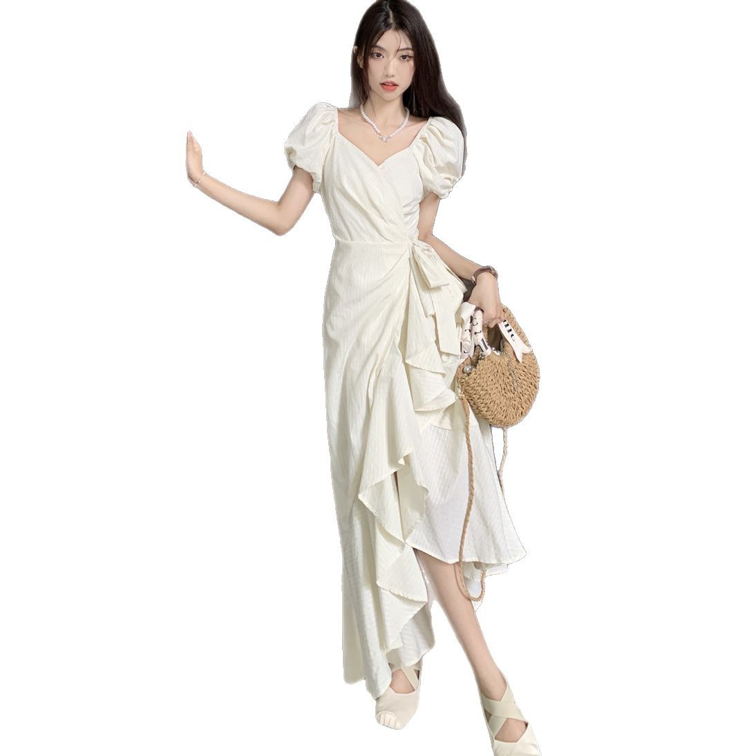 White V Neck Lace Up Short Sleeve Dress