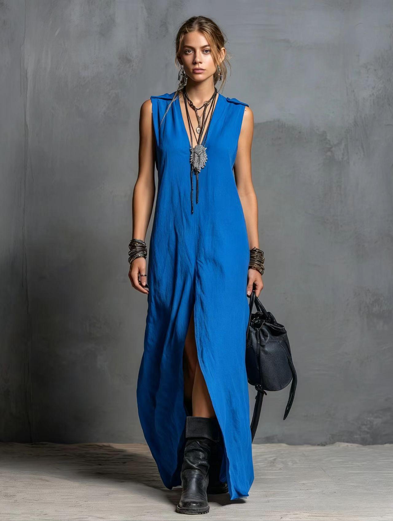 Womens Split Long Sleeveless V-Neck Dress