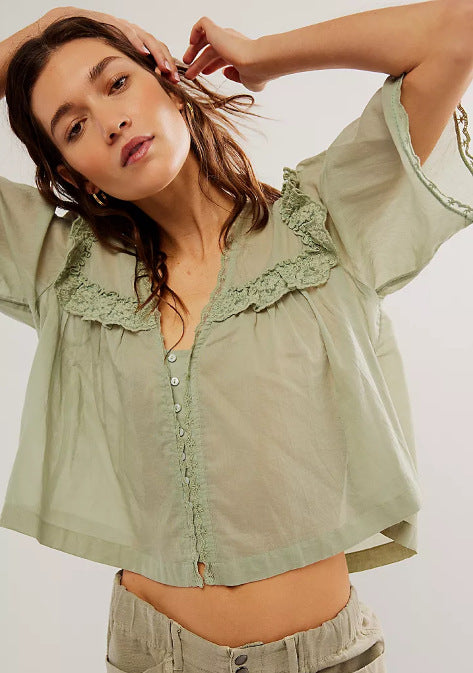 Lace-trimmed Collar Loose-fitting Pleated Top For Women