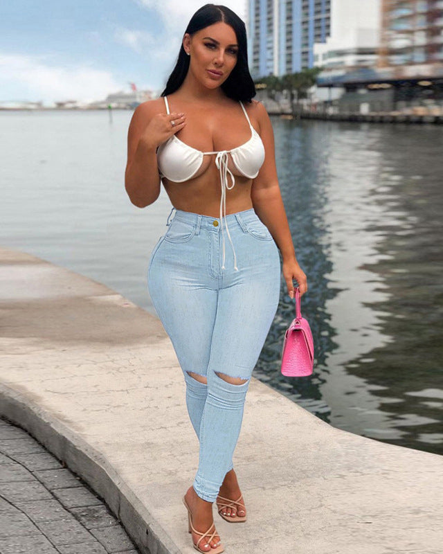 High-rise Hip-lifting Stretch Ripped Jeans