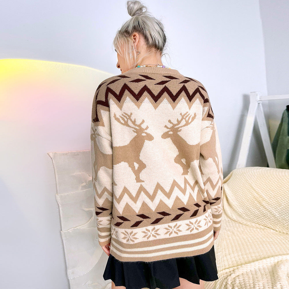 Round Neck Pullover Elk Christmas Style Knitted Sweater Women