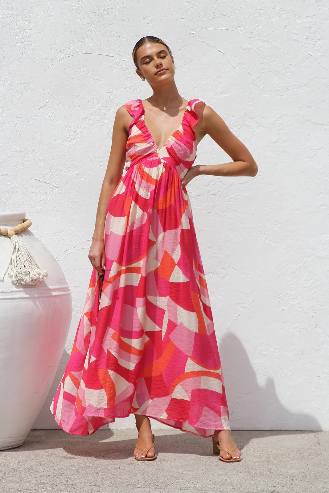 Printed V-neck Large Swing Suspender Dress