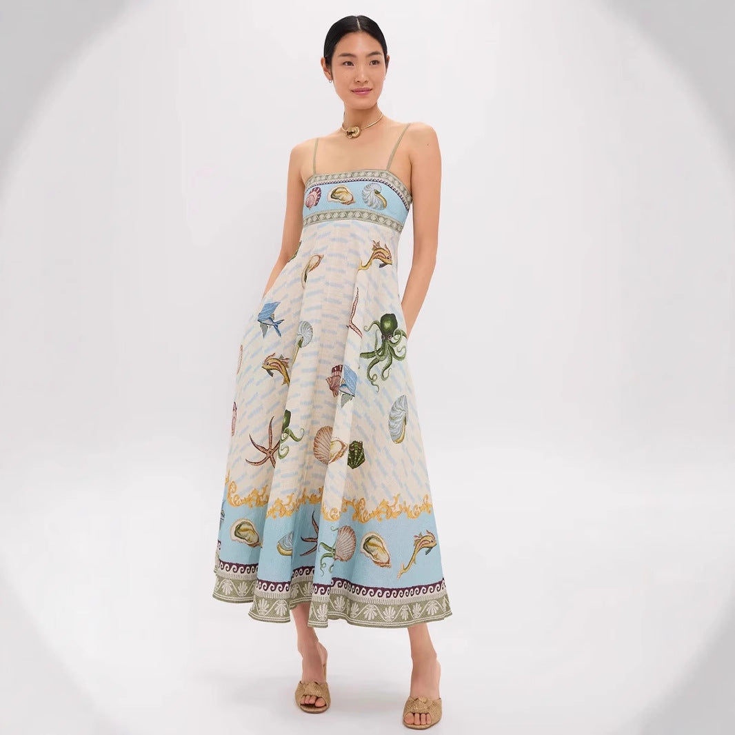 High-waisted Cotton-linen Printed Camisole Casual Dress