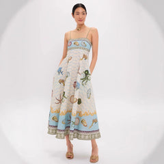 High-waisted Cotton-linen Printed Camisole Casual Dress