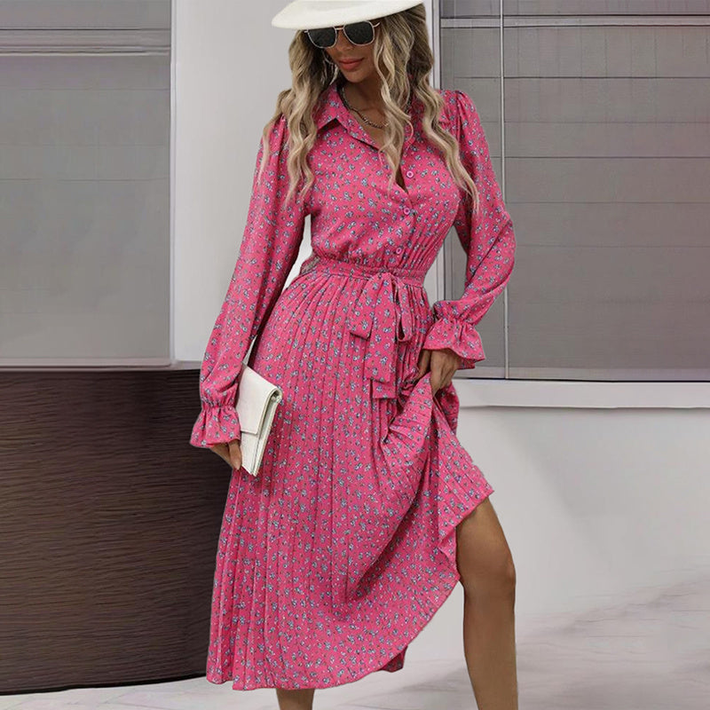 Long Sleeve V Neck Button Down Belted A-Line Flowy Midi Shirt Dress