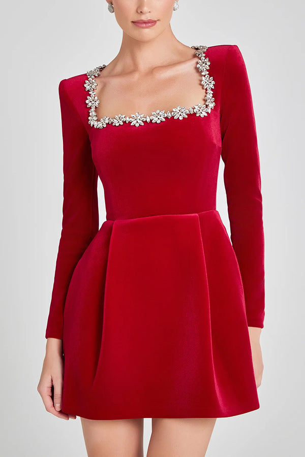 Elegant Square Neck Long-sleeved Dress With Flowers Rhinestone Design A-line Short Dresses Spring Clothing For Women