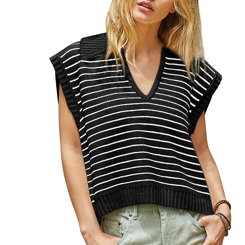 V Neck Cap Sleeve Sweater Vest Sleeveless Collared Striped Knit Tank Tops