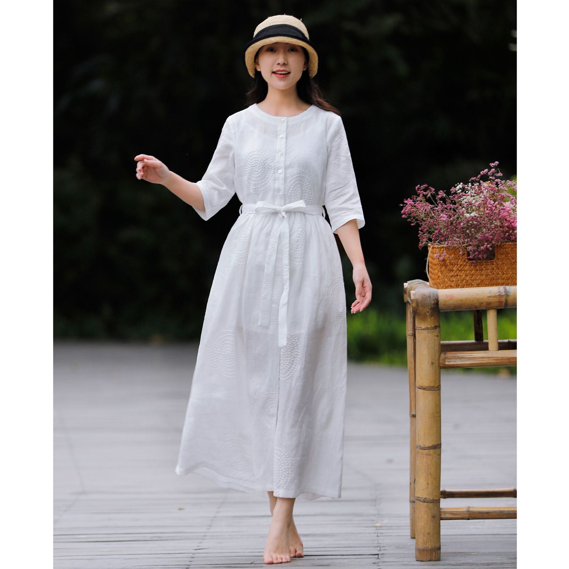 Spring And Literary Leisure Round Neck Linen Embroidered Dress Women
