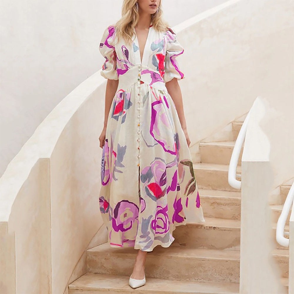 Print Dresses For V-neck Button Short Sleeve Dress