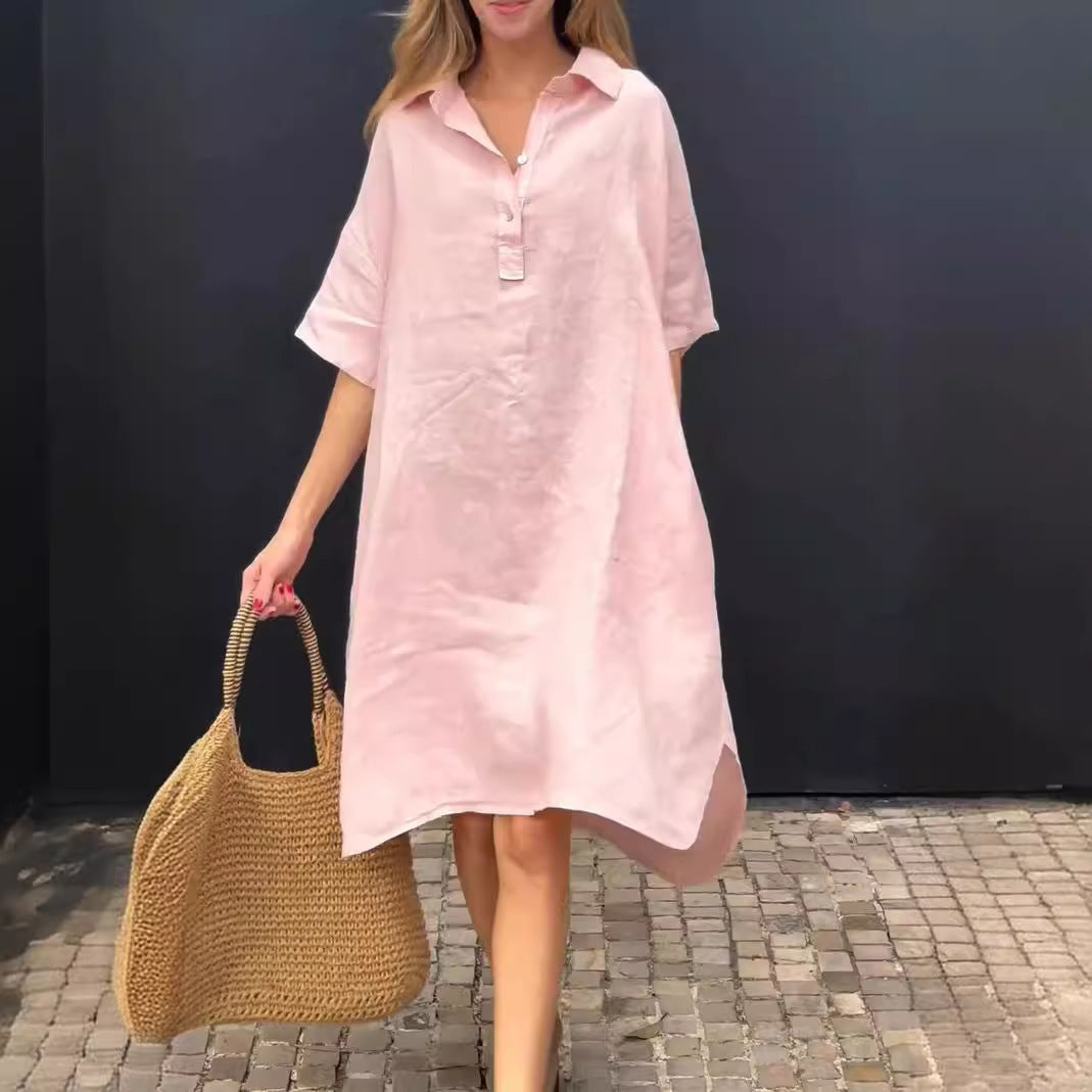 Solid-color Casual Cotton-linen Long Dress With A Turn-down Collar And Buttons