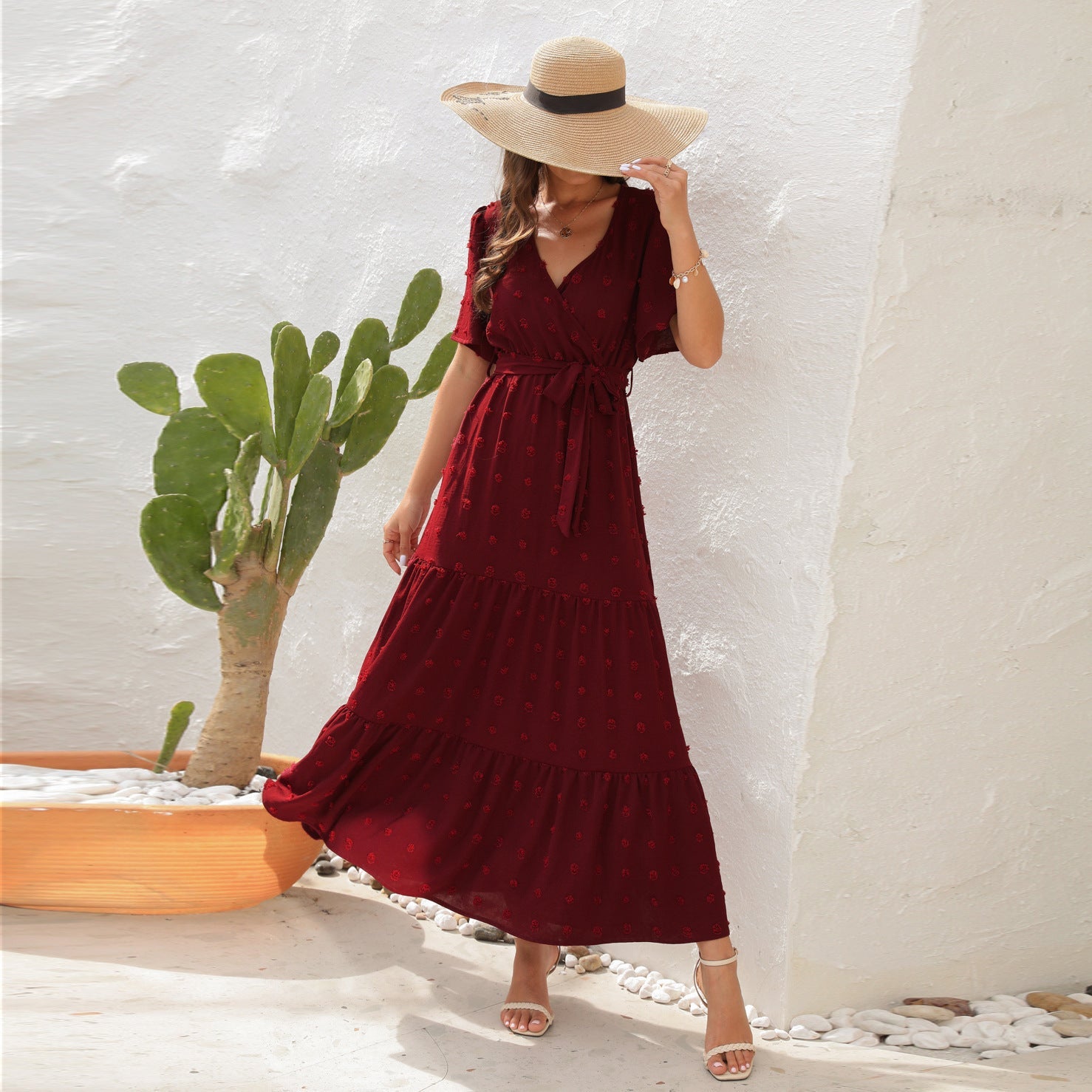 V-neck Short Sleeve Dress Fur-ball Design Tied High Waist Long Long Dresses