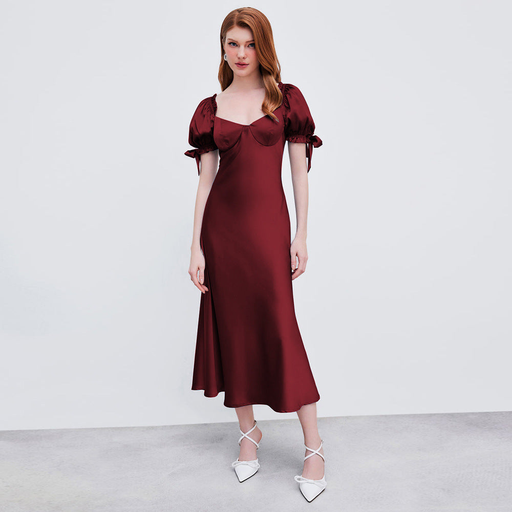 Waist Fishtail Skirt Party Party Satin Satin Red Dress