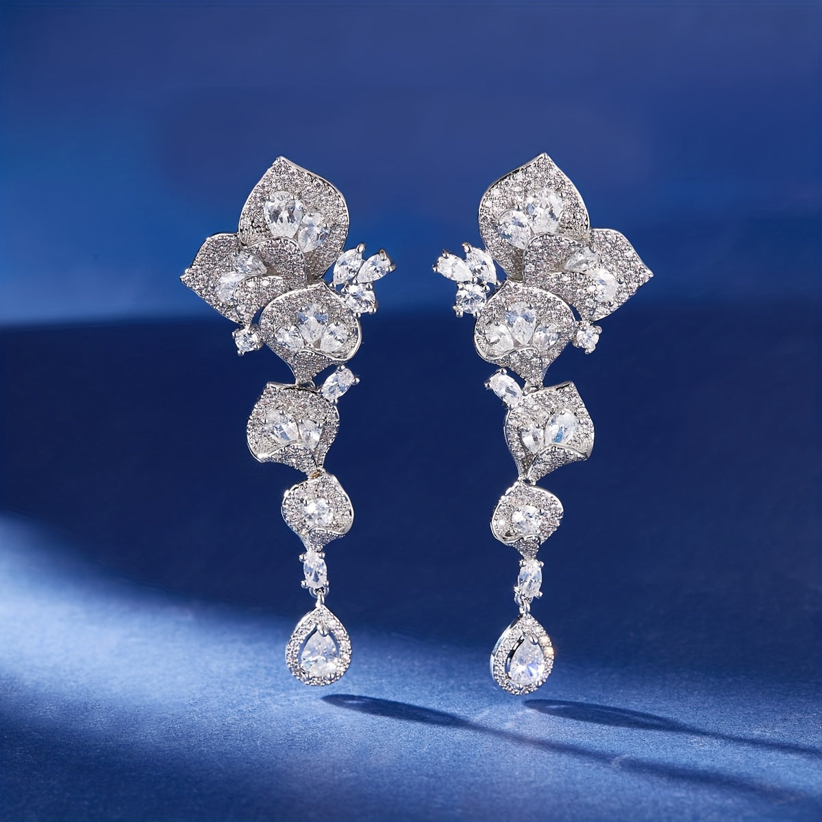 1 Pair Gorgeous Long Dangle Flower Earrings, Cubic Zirconia Earrings For Women, Party Prom Dress Jewelry, Birthday Holiday Gift