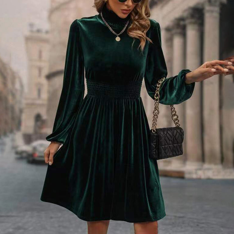 Mock Neck Velvet Midi Dress, Smocked Waist Long Sleeve Casual Dress
