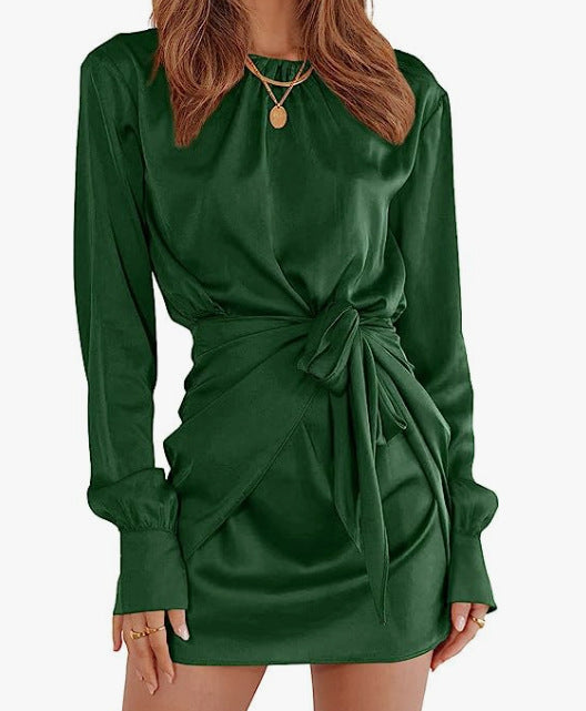 Satin Long Sleeve Round Neck Tied Elegant Cocktail Party Dress
