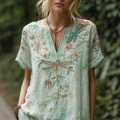 Spring Carnival Trendy Printed Womens V-Neck Short-Sleeve Top