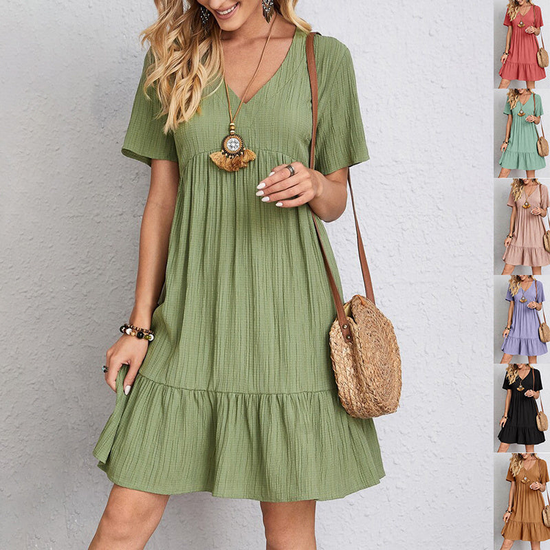V-neck Short Sleeve Dress Casual Loose Ruffled Dresses Beach Clothing Women