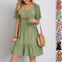 V-neck Short Sleeve Dress Casual Loose Ruffled Dresses Beach Clothing Women