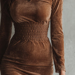 Velvet Lace Trim Bodycon Dress, Long Sleeve Midi Cocktail Dress