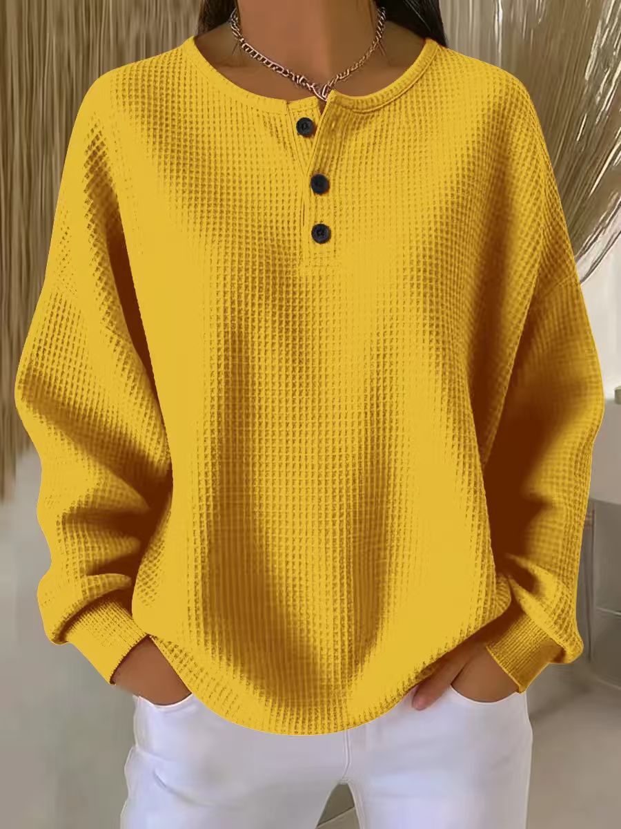 Ins Waffle Long-sleeved T-shirt Solid Color Buttons Round Neck Pullover Top Clothing