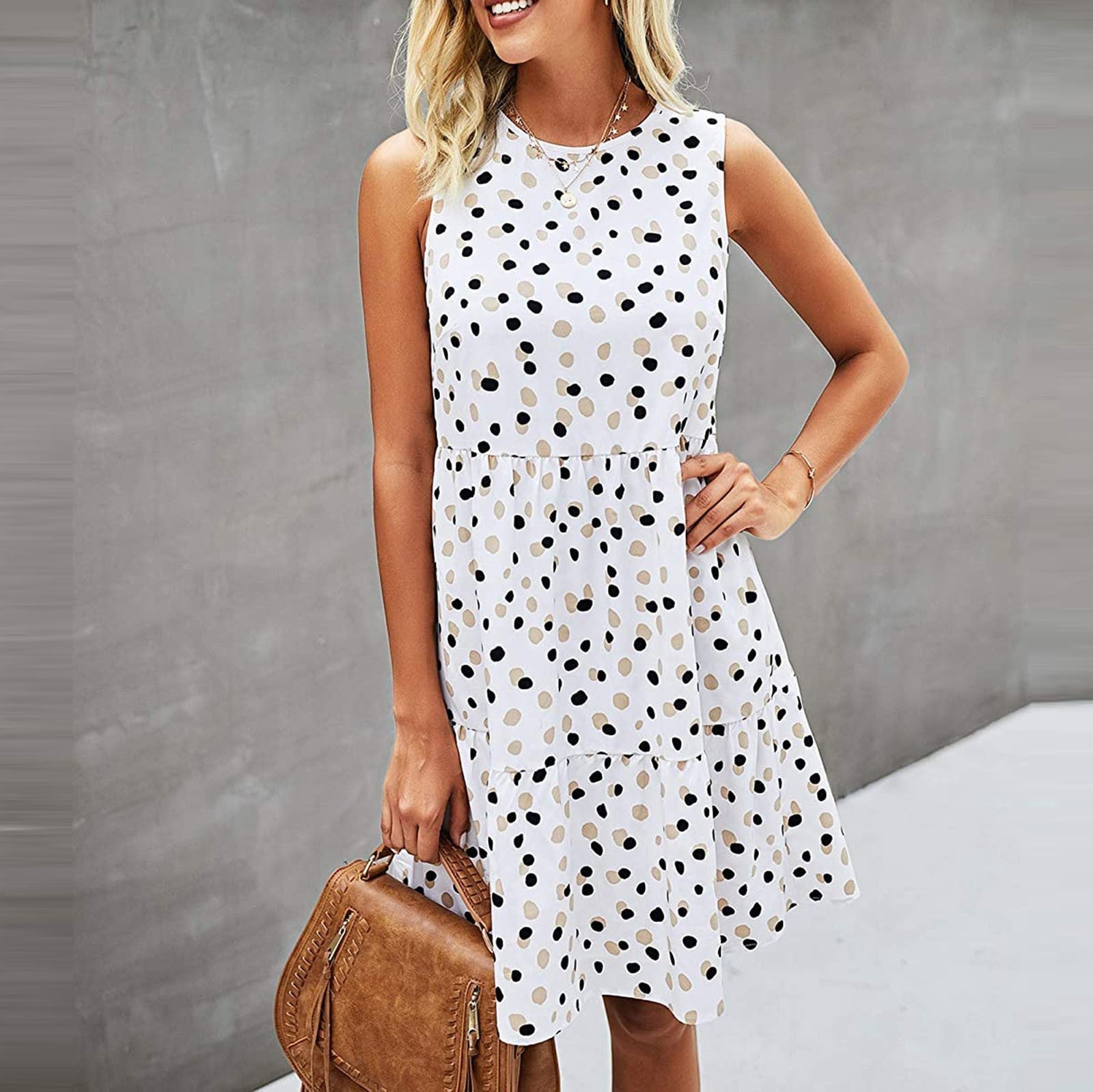 Dot Print Sleeveless Loose Swing T-Shirt Dress With Pocket Casual Tank Mini Dresses Sundress