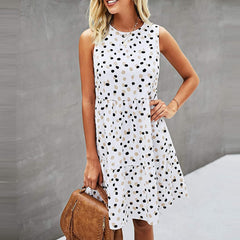 Dot Print Sleeveless Loose Swing T-Shirt Dress With Pocket Casual Tank Mini Dresses Sundress