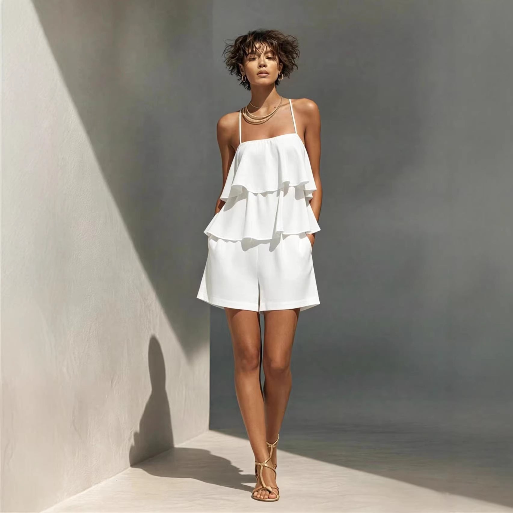 Multi-layer Ruffle Loose Camisole And Shorts Set