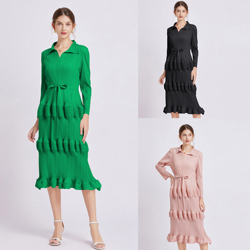 Dress Mid Waist Pleated Slim Fit Lantern Dress
