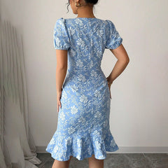 Floral Jacquard Dress Short Puff Sleeve Crew Neck Ruffle Hem Bodycon Dresses