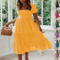Square Collar Short Sleeve Dress Puff Floral Printed Dress Long Dresses