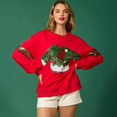 Christmas Sequined Round Neck Top Casual Sweatshirt